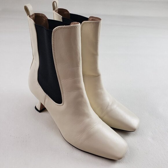 Sam Edelman Lani Chelsea Boot Womens 8 Cream Black Leather Pull On Ankle Heeled - Picture 4 of 15